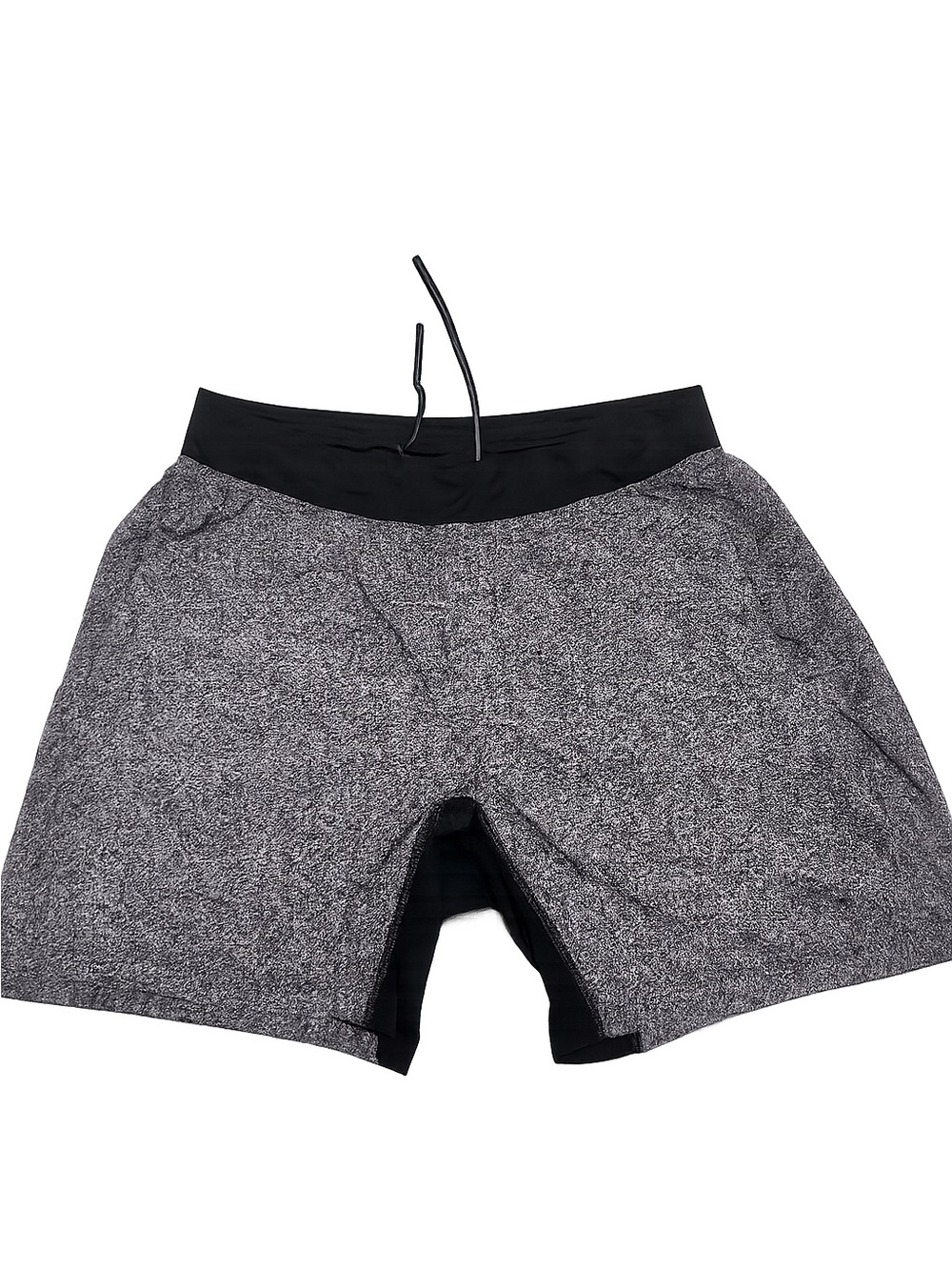 Lululemon men's T.H.E. shorts in a grey speckled pattern with a black waistband.